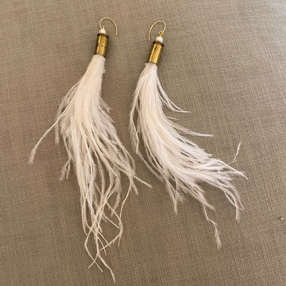 Feather Tassel Earrings, Ostrich feather jewelry, bullet casing tassel